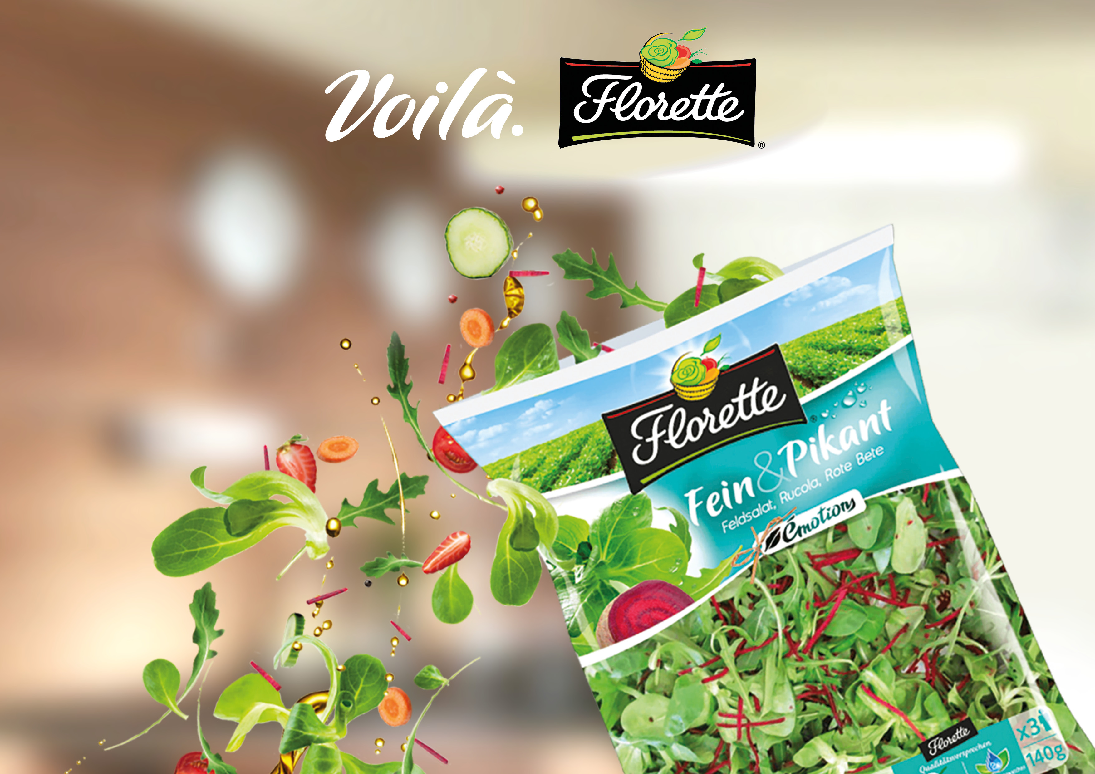 Salatmischung Fein & Pikant von Florette, dynamisch in Szene gesetzt zur neuen Voilà-Kampagne