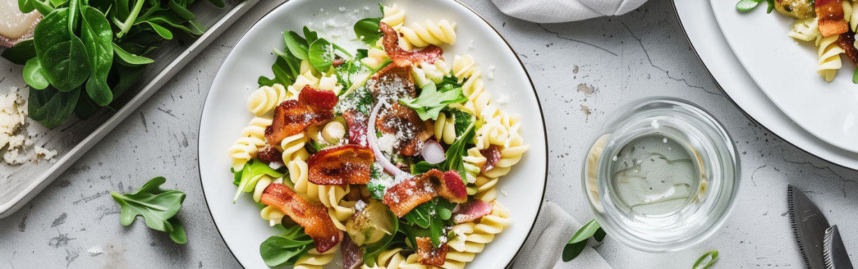 Pikanter Nudelsalat mit Rucola und Bacon