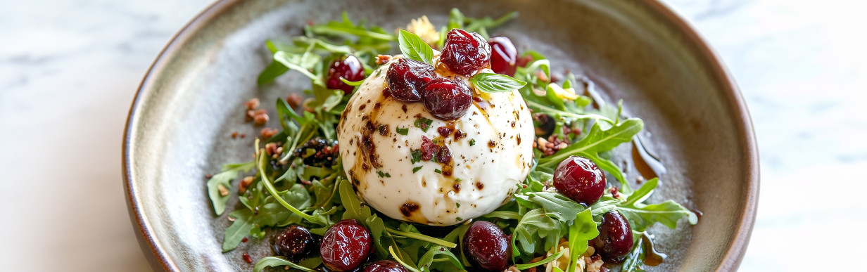 Büffelmozzarella und geröstete Trauben auf Rucola-Bett