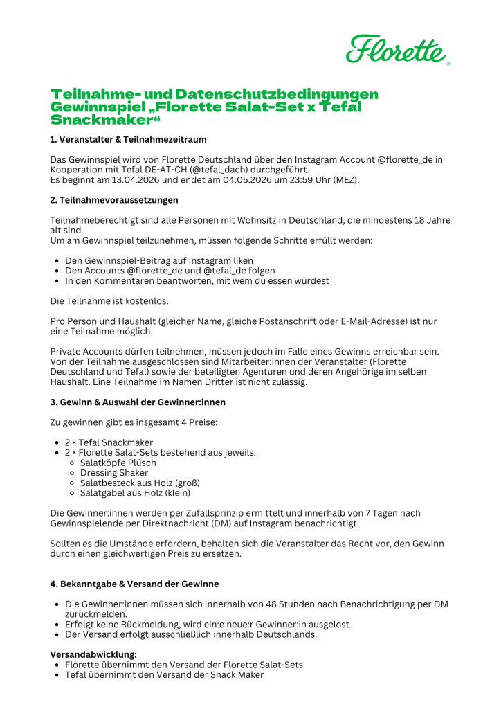 Teilnahmebedingungen Gewinnspiel „Florette Salat-Set x Tefal Snack Maker“