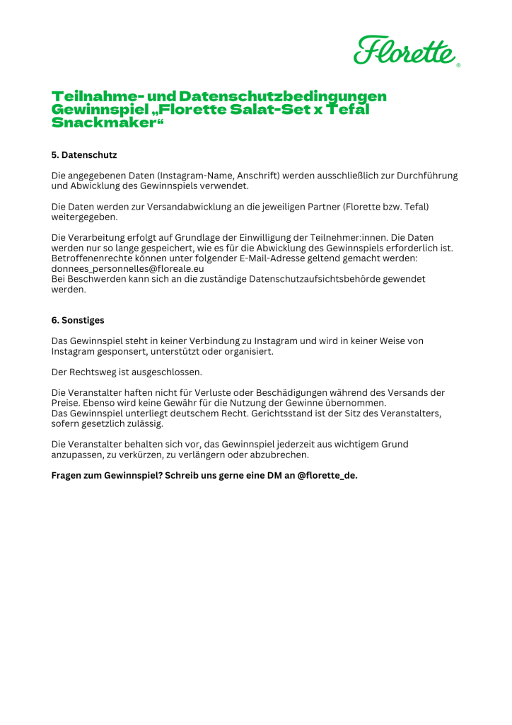 Teilnahmebedingungen Gewinnspiel „Florette Salat-Set x Tefal Snack Maker“2